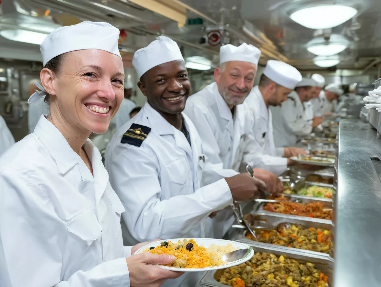 U8554719727 ship crew enjoying a well organized meal in a cle b8acf688 e819 48f3 ae6c 3d00bac81482 3